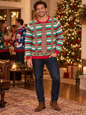 Jolly Sweaters Mens Medium Ugly Christmas Sweater 3D Tie Suspenders Red Green